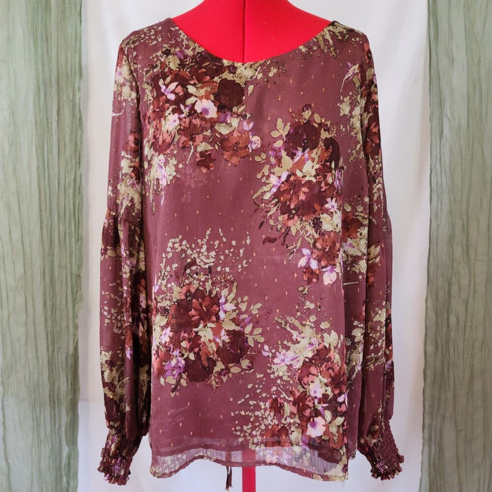 Willow & Root Brown Floral Metallic Thread Slight Sheer Long Sleeve Top Size XL